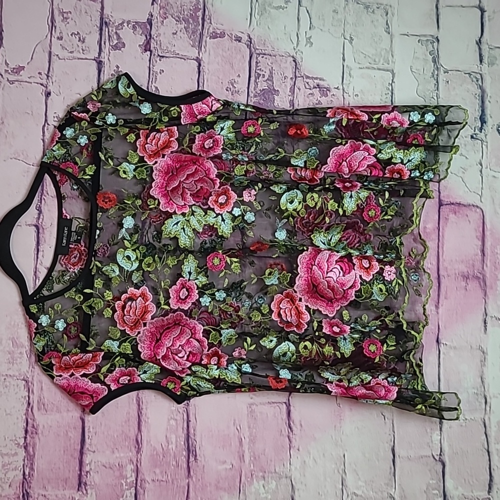 KAREN KANE SHEER MESH BRIGHT PINK FLORAL EMBROIDERED SCALLOP TRIM OVERSIZED TOP